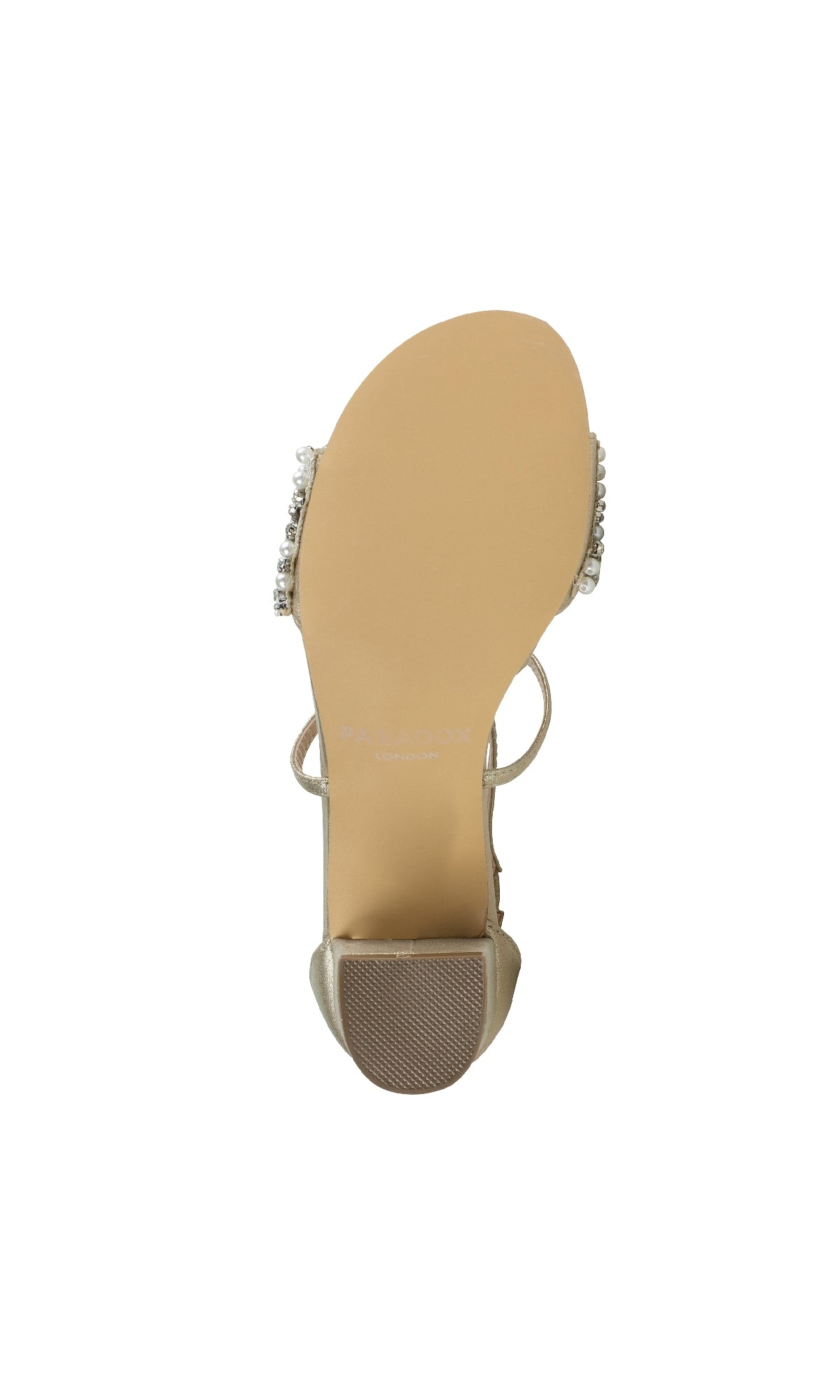 The Evangeline Champagne Prom Shoes (Paradox London P2202) showcase a flat sole, textured heel, and decorative straps—perfect for those seeking subtly elegant, low-heel formal footwear.